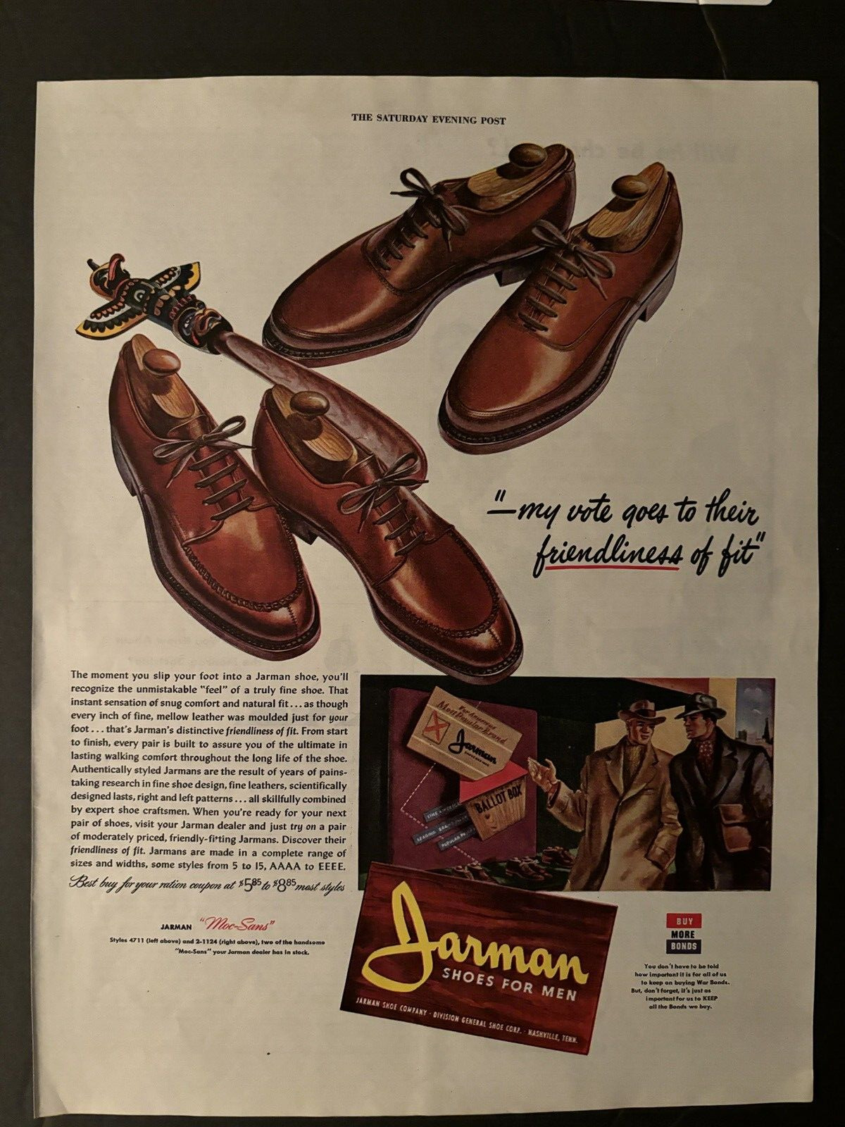 JARMAN SHOES FOR MEN BUY WAR BONDS SHOES VINTAGE PRINT AD 1944