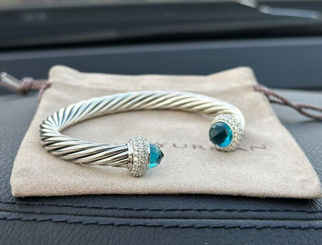 David Yurman 7mm Cable CANDY Bracelet & 925 Silver HAMPTON BLUE & DIAMOND M