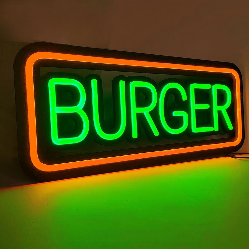 LED Neon Burger Sign Ultra Bright Silicone Neon with Black Base for Beer Bar Cof