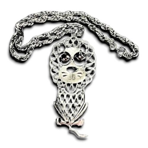 Whimsical Lion Necklace 26 Inch Articulated Vintage Openwork Silver Tone Metal