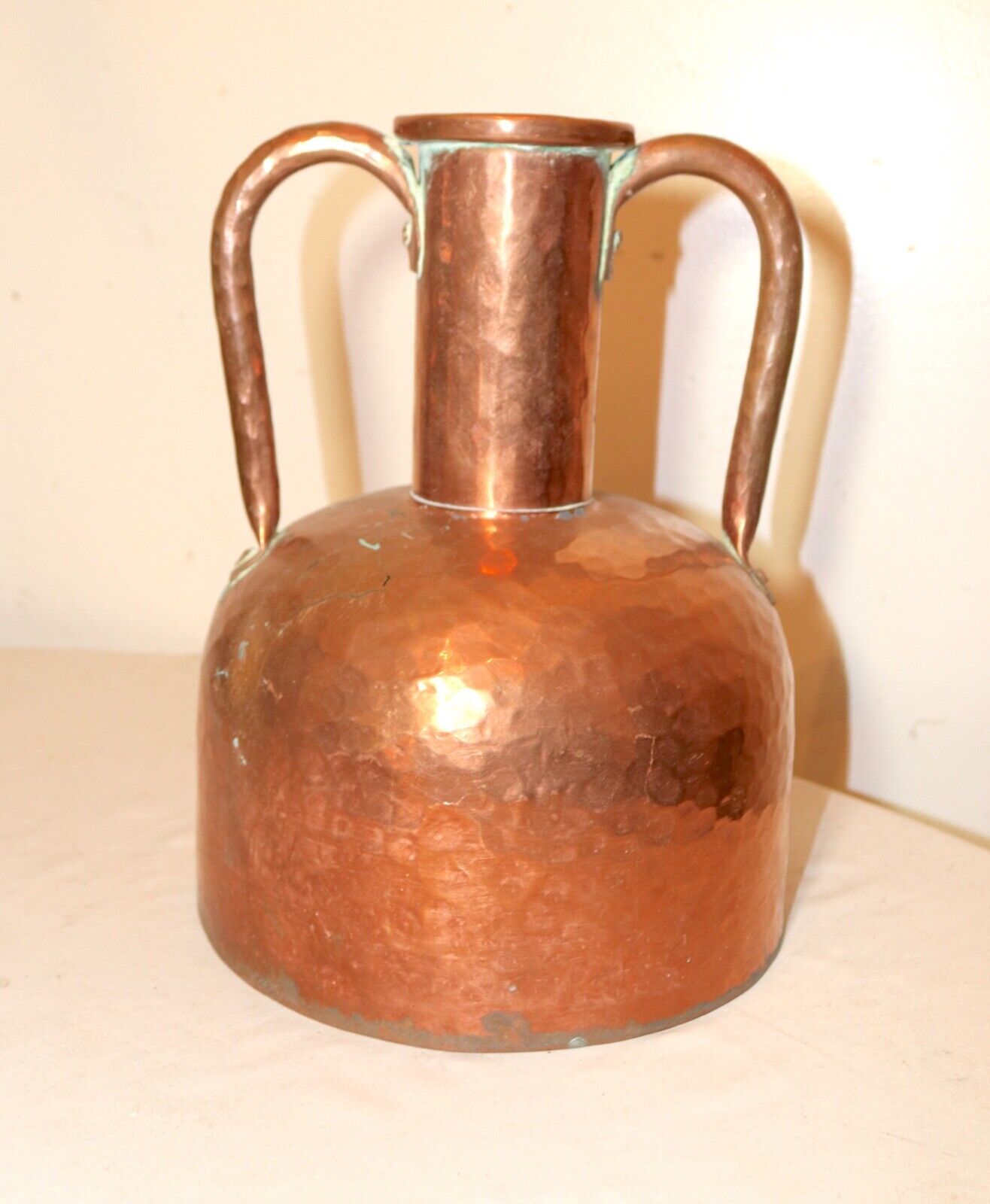antique hand made hammered thick copper double handle metal moonshine jug pot 2