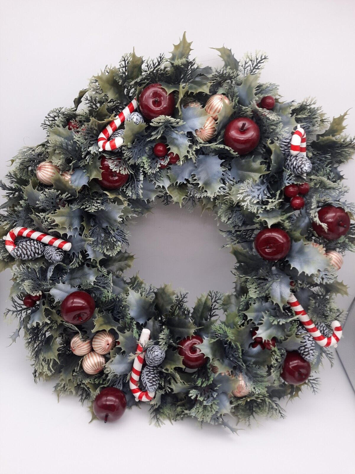 Vintage Christmas Wreath Plastic Greenery Fruit Candy Canes ornaments  18”