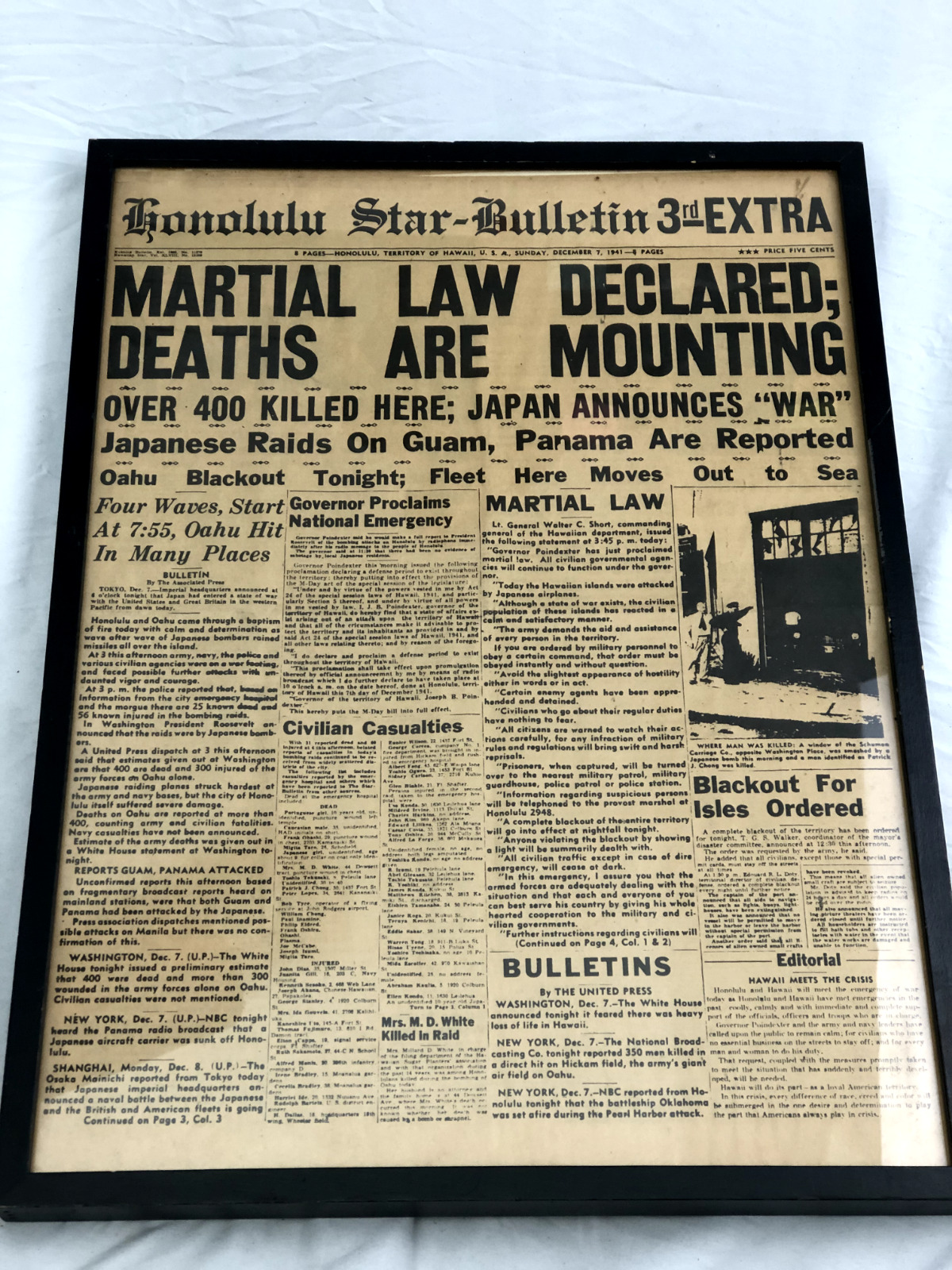 Vintage Honolulu Star Bulletin 3rd Extra 1941 Martial Law December 7 Framed