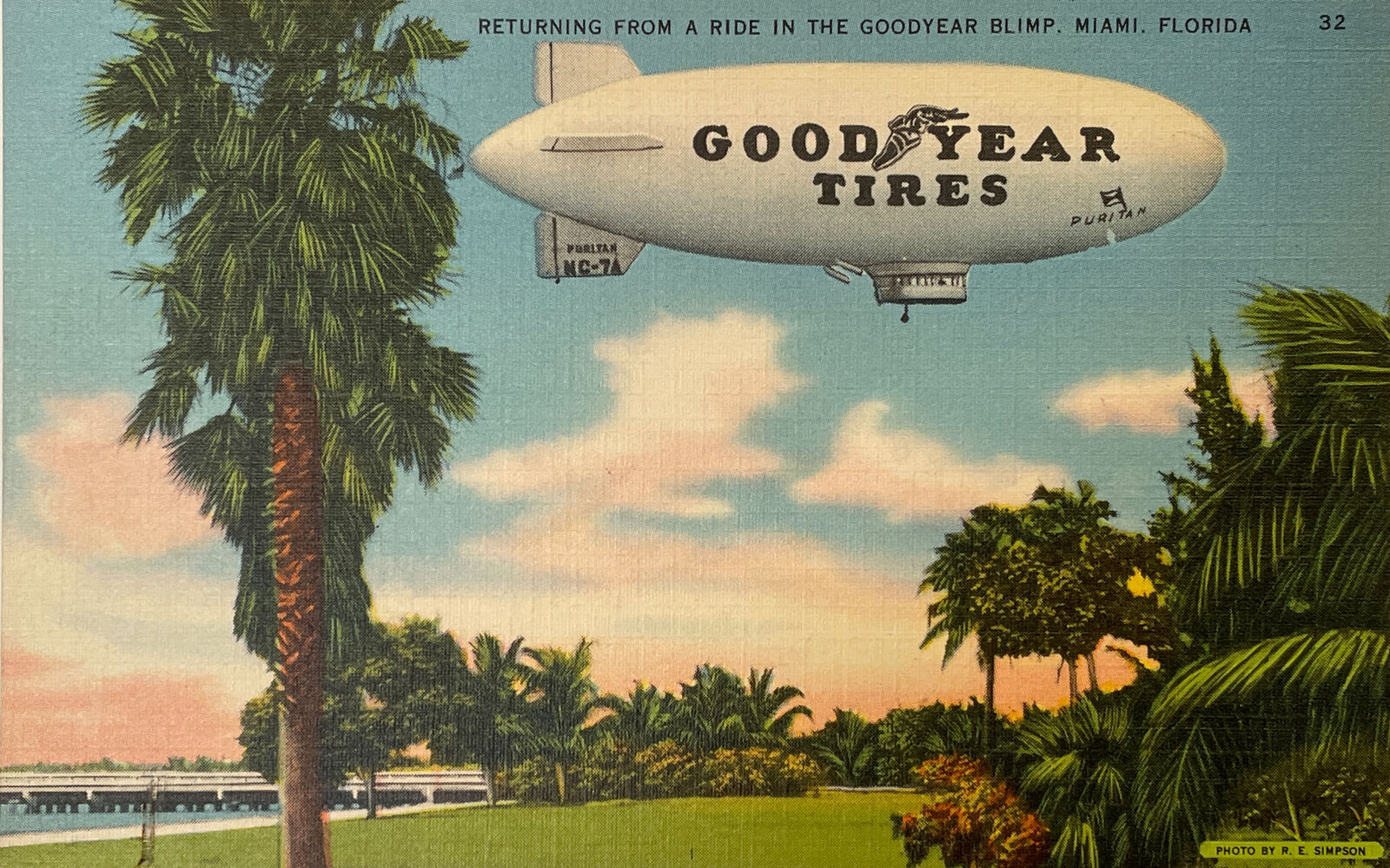 Goodyear Blimp over Miami Postcard -1940\'s Florida Vintage Linen PC - TIRES