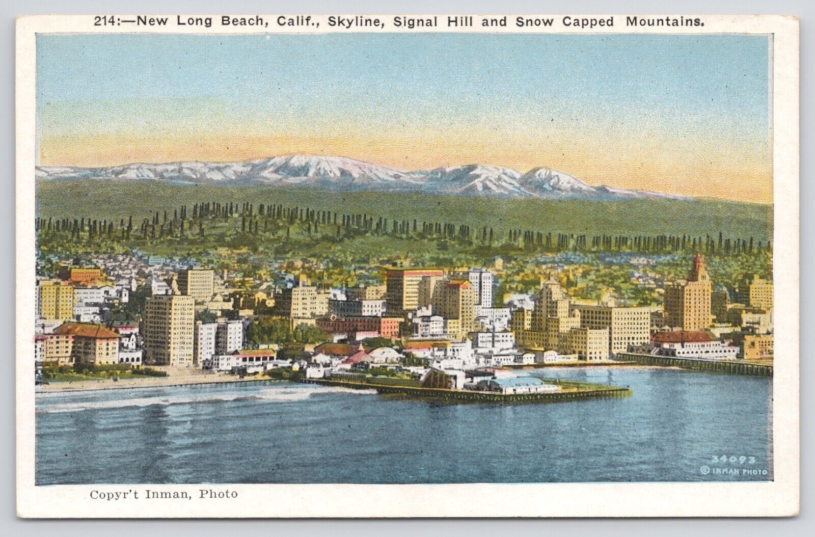 New Long Beach California Skyline Signal Hill Snowcap Mtn White Border Postcard
