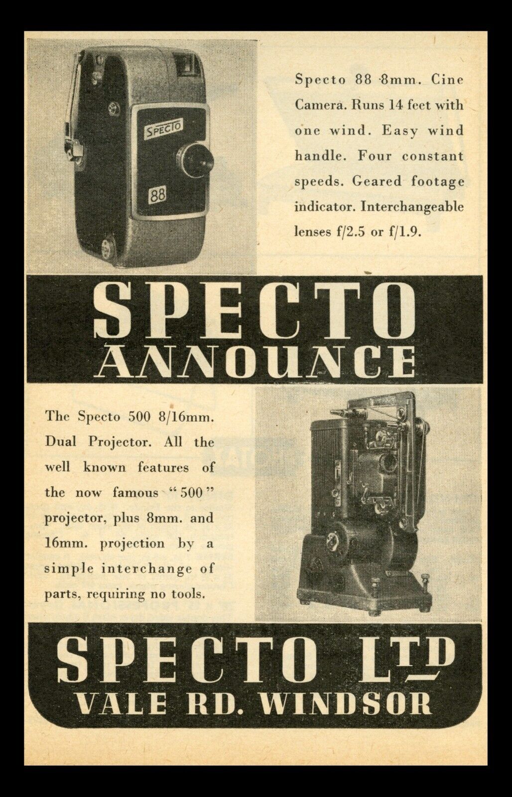 1954 SPECTO LTD Model 500 Dual Projector - Windsor, England vintage print ad