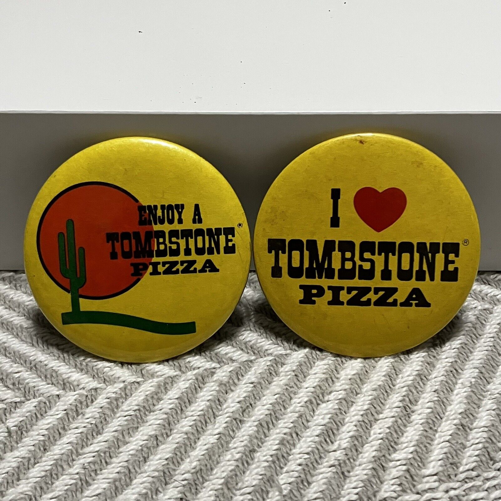 Tombstone Pizza Buttons Yellow Vintage Advertising Set Of 2 Pins Badges