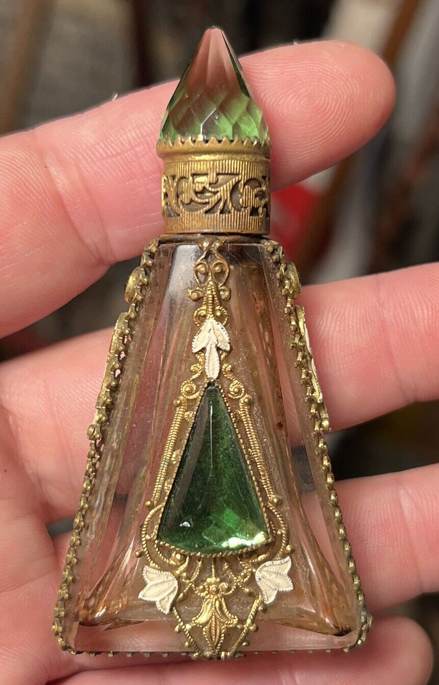 Antique Vintage Czech Jeweled Glass & Filigree Brass Perfume Bottle 
