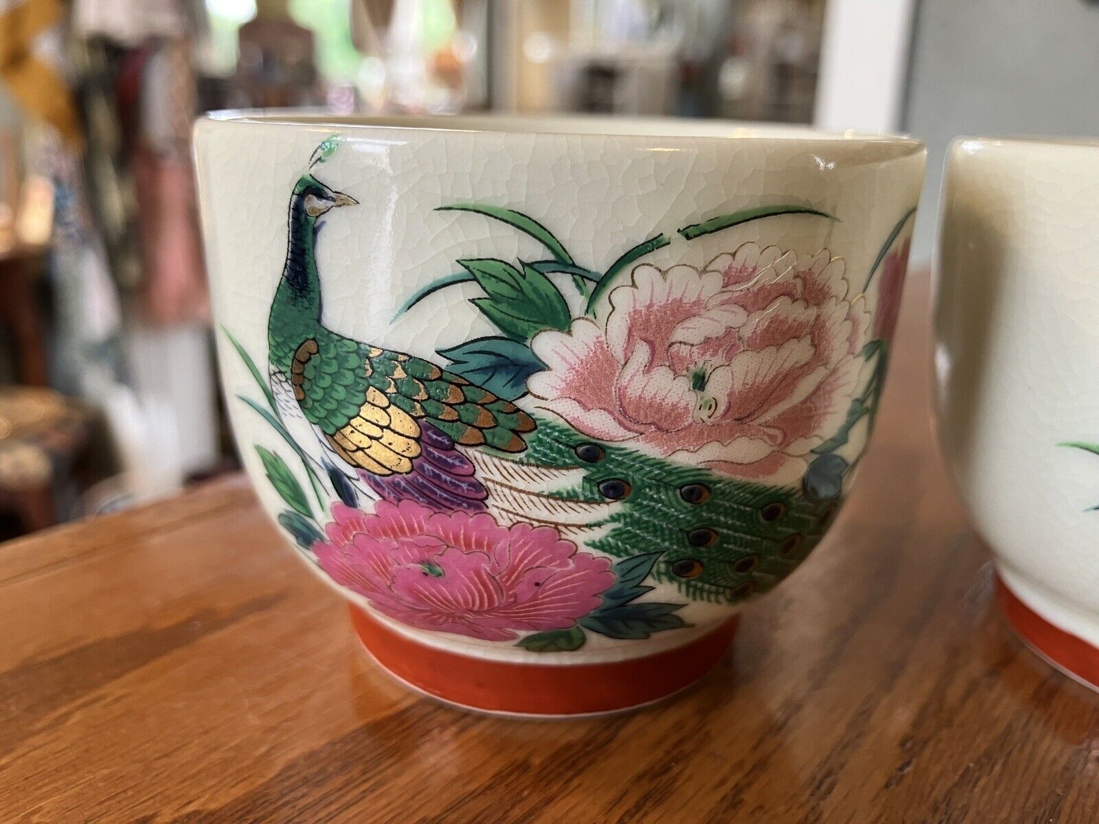 Vintage 1960's Kutani Japanese Peacock Floral Porcelain Teacups Set of Two