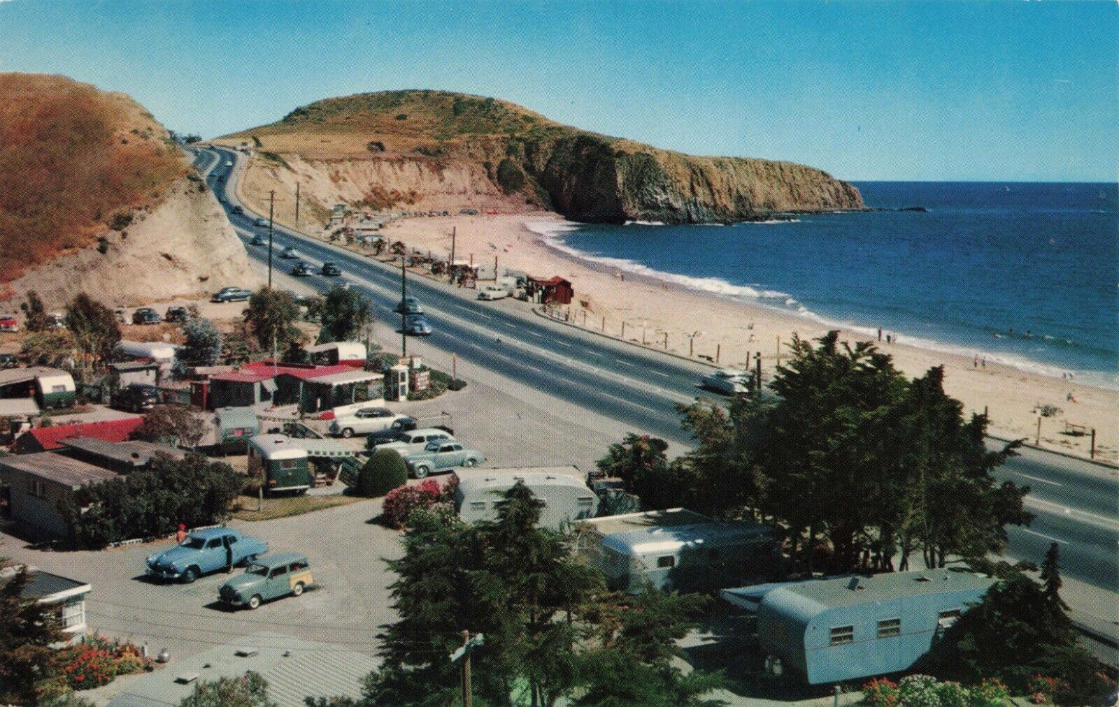 Campers on Beach near Newport & Laguna 1950s California Hwy 101 Postcard