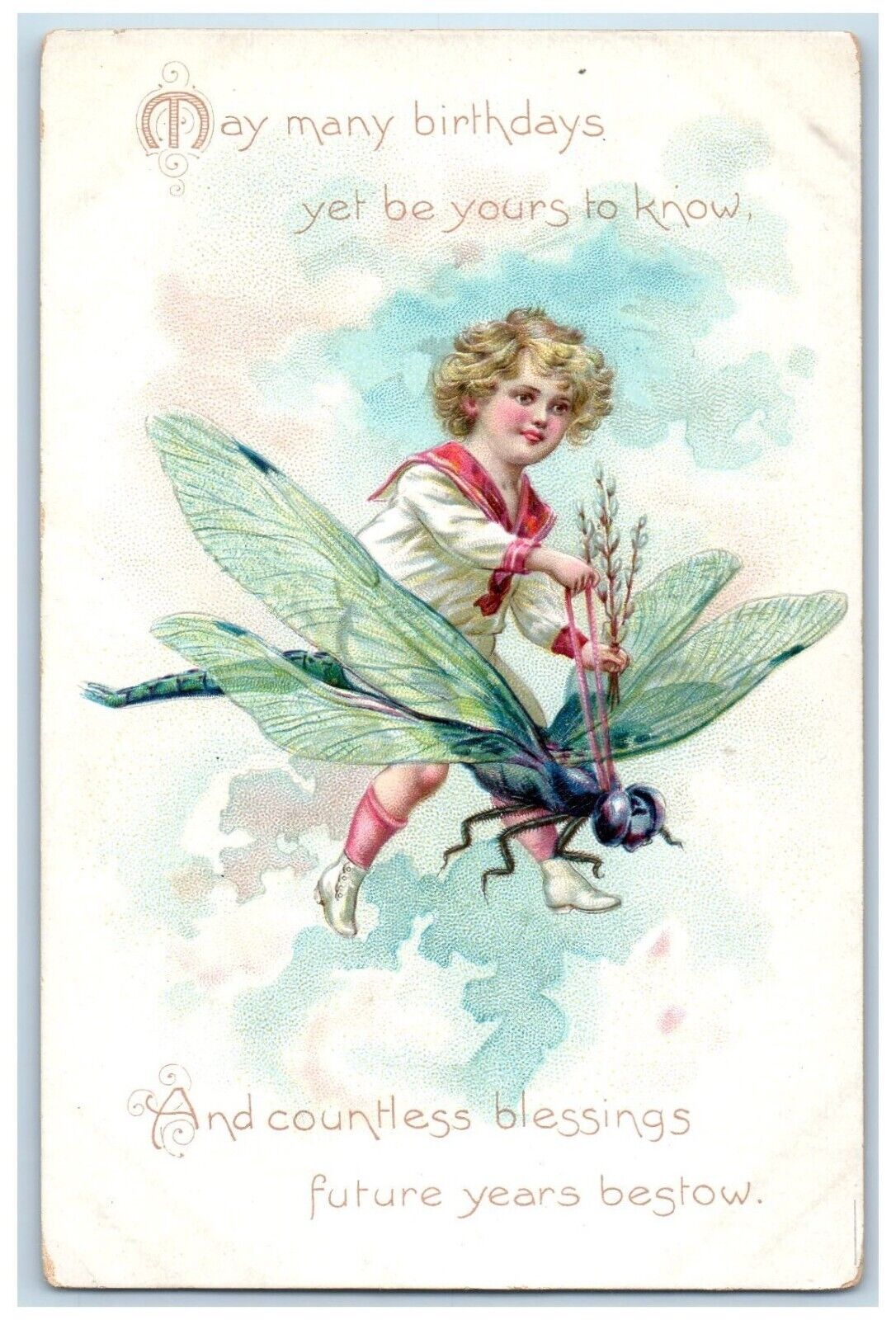c1910's Birthday Boy Riding Dragonfly Tuck's Embossed Posted Antique Postcard