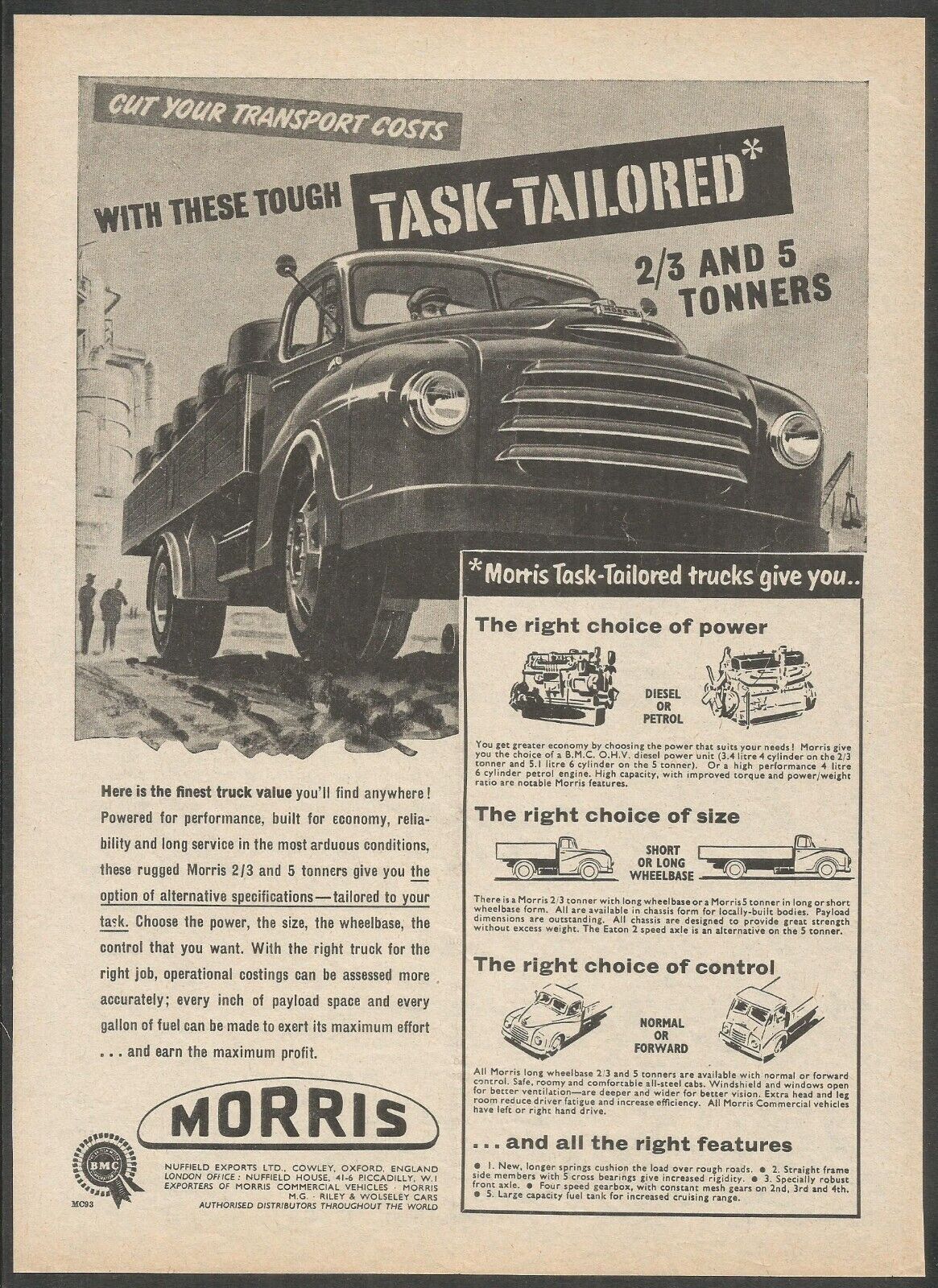 MORRIS 2/3 and 5 Tonners - Task Tailored Trucks - 1955 Vintage Print Ad
