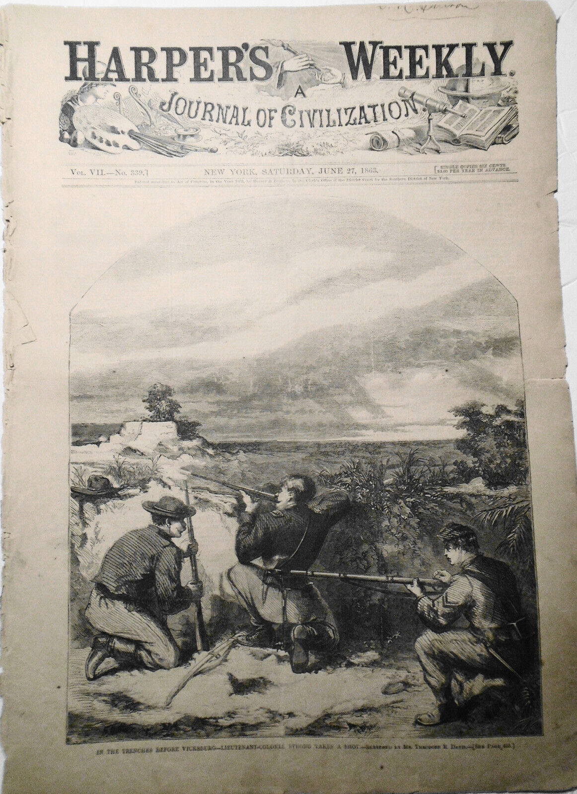Harper's Weekly June 27, 1863. Civil War, Vicksburg; Map: Theatre of Operations