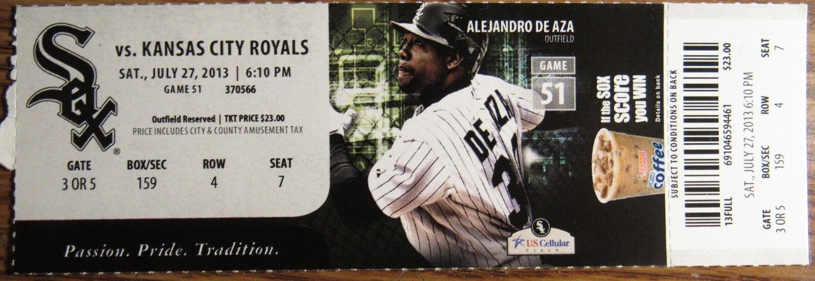 July 27th, 2013 Chicago White Sox vs Royals Ticket Stub - Alejandro De Aza