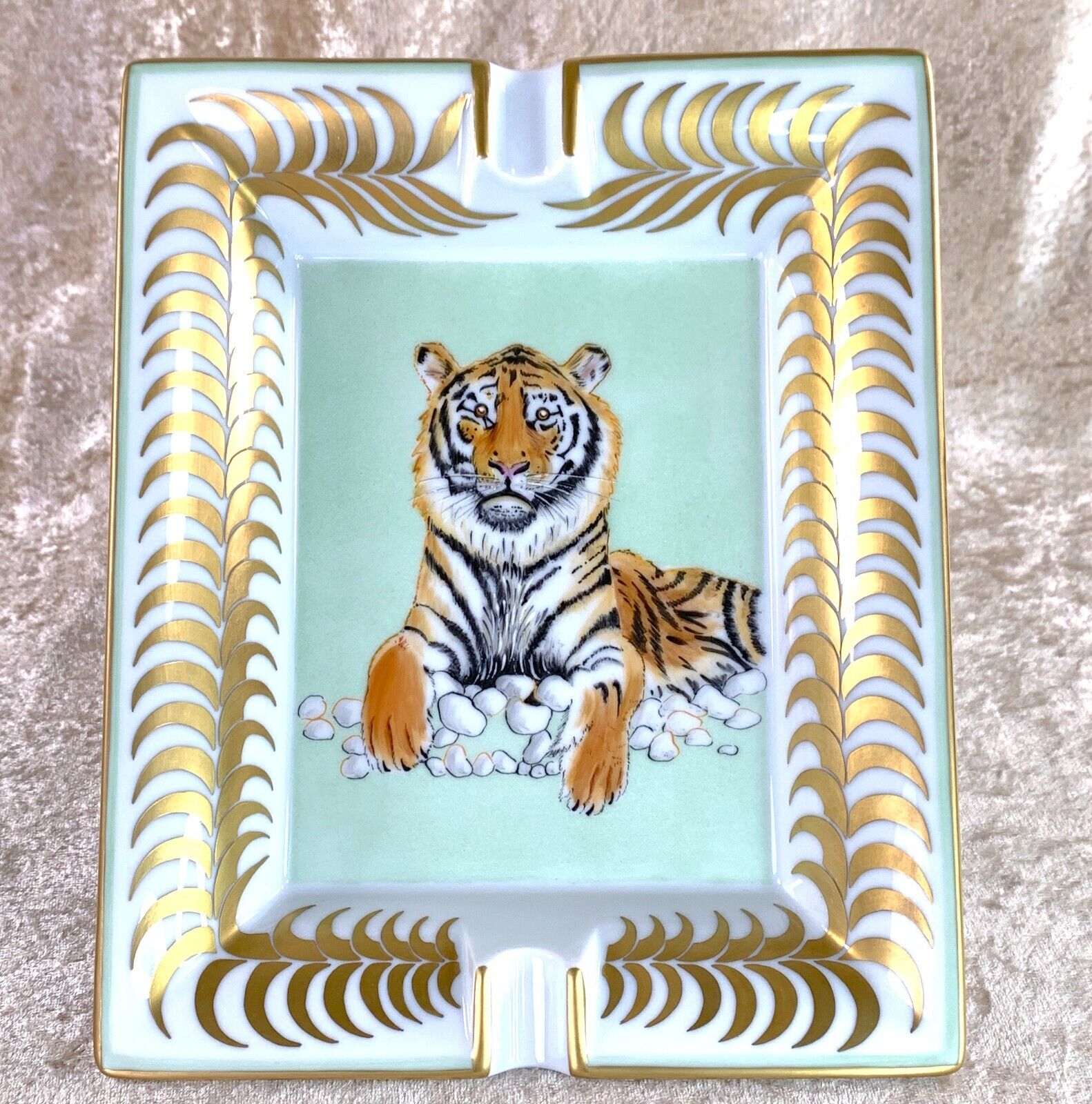 Vintage Hermes Ashtray Change Tray Rare Tiger Light Green Gold Rim Porcelain