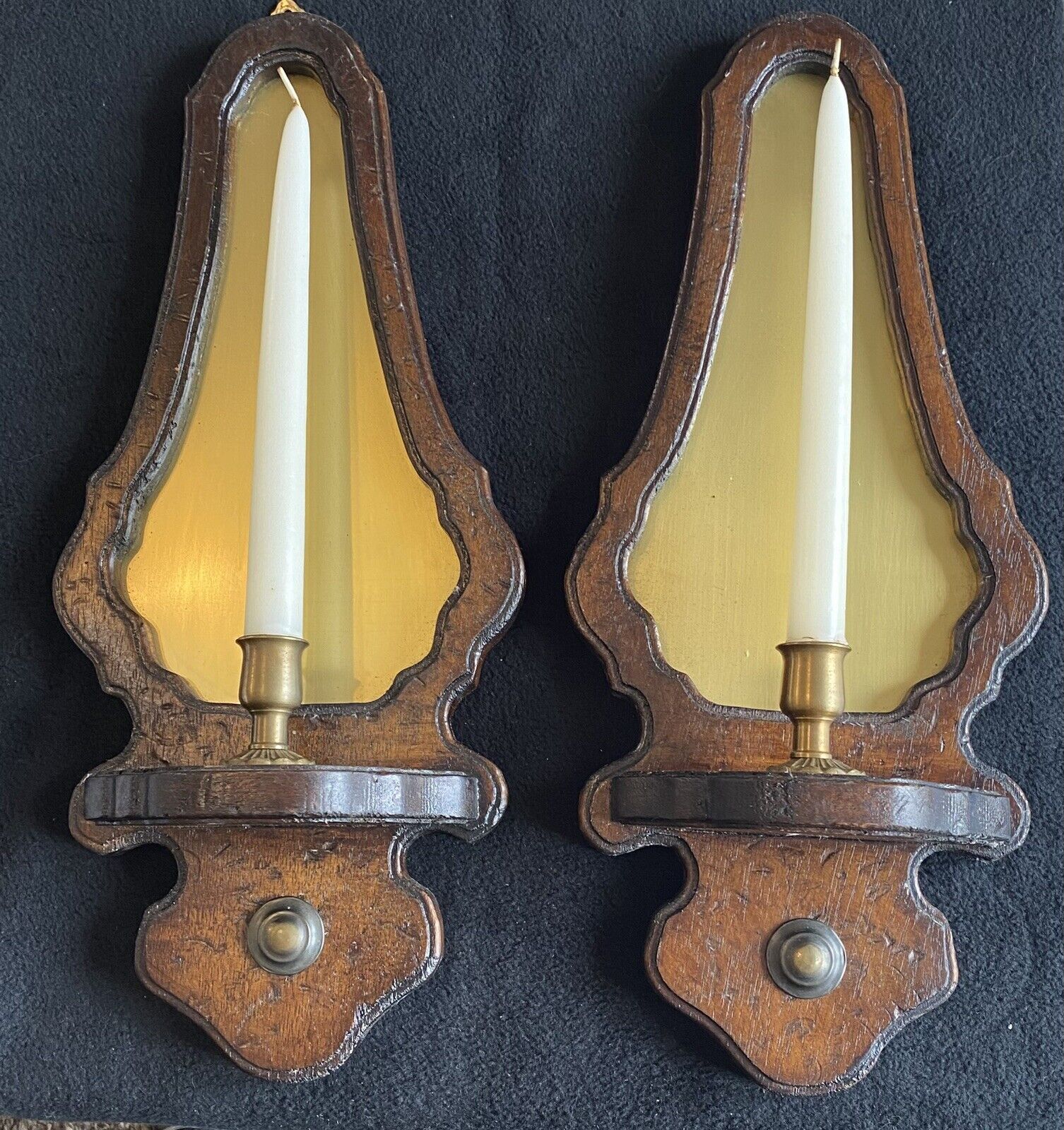 Vintage Rustic Wood & Brass Candlestick Sconces Made In Italy 17” Tall Beautiful