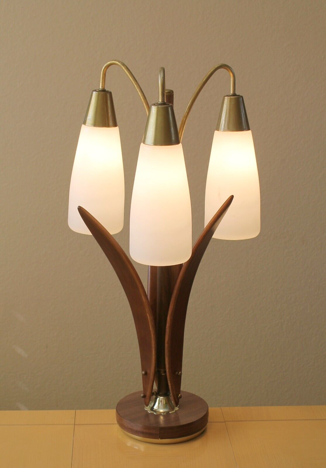 Exquisite Danish Modern 3 Shade Glass and Walnut Lamp 1950s Mid Century MCM Wood