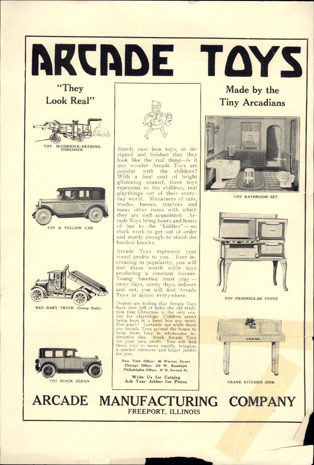1927 PAPER AD Arcade Toy Buick Yellow Cab McCormick Deering Thresher Stove Truck