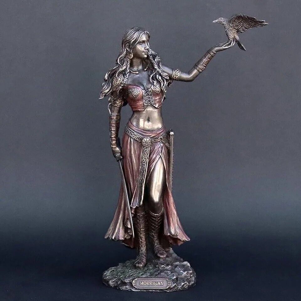 Morrigan The Celtic Goddess of Battle with Crow & Sword Bronze Finish Statue 