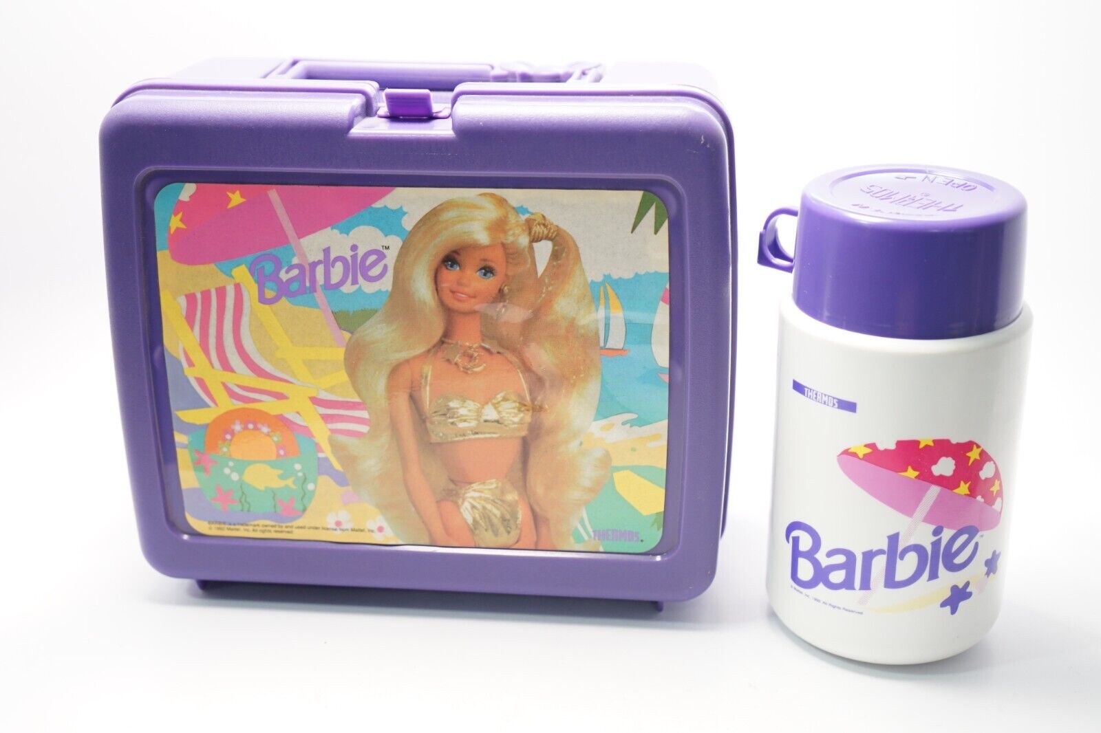 1992 Mattel Vintage Purple Beach Barbie Lunch Box With Thermos Sun Malibu EUC