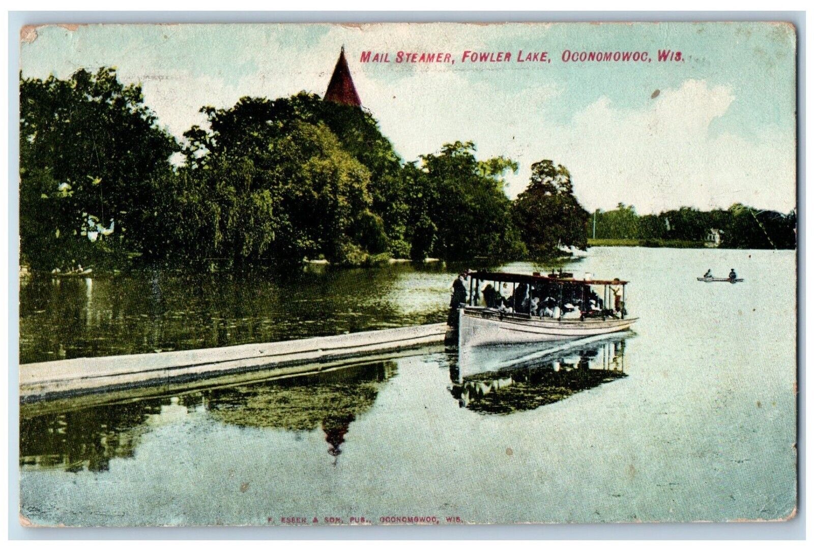 Oconomowoc Wisconsin WI Postcard Mail Steamer Fowler Lake c1908 Vintage Antique