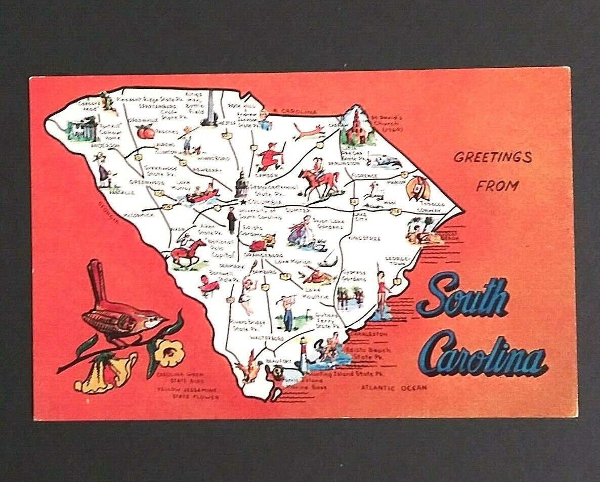 Greetings South Carolina State Map Large Letter Dexter c1960s UNP Postcard (a)