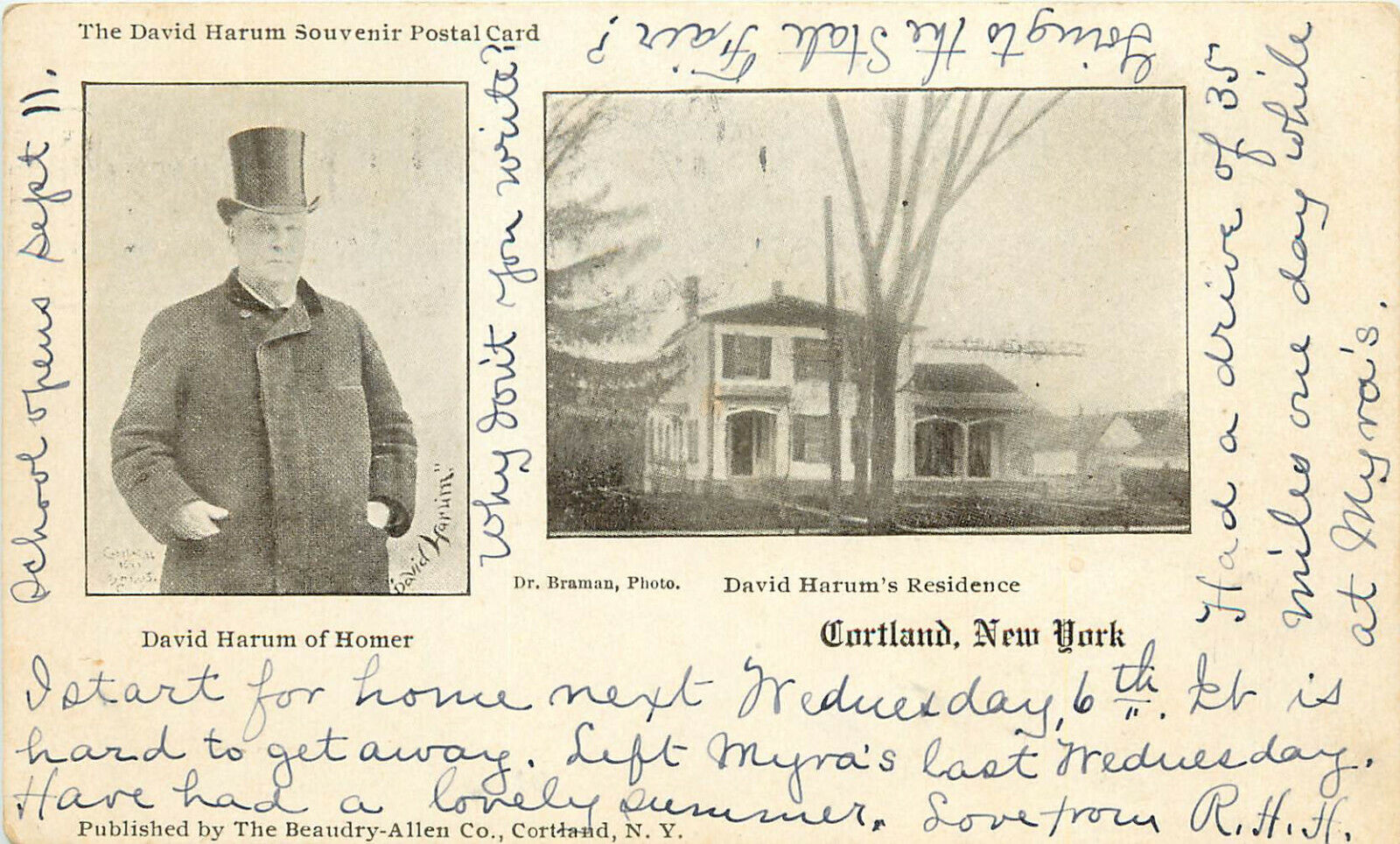 Vintage Postcard David Harum of Homer Home and Portrait Cortland NY
