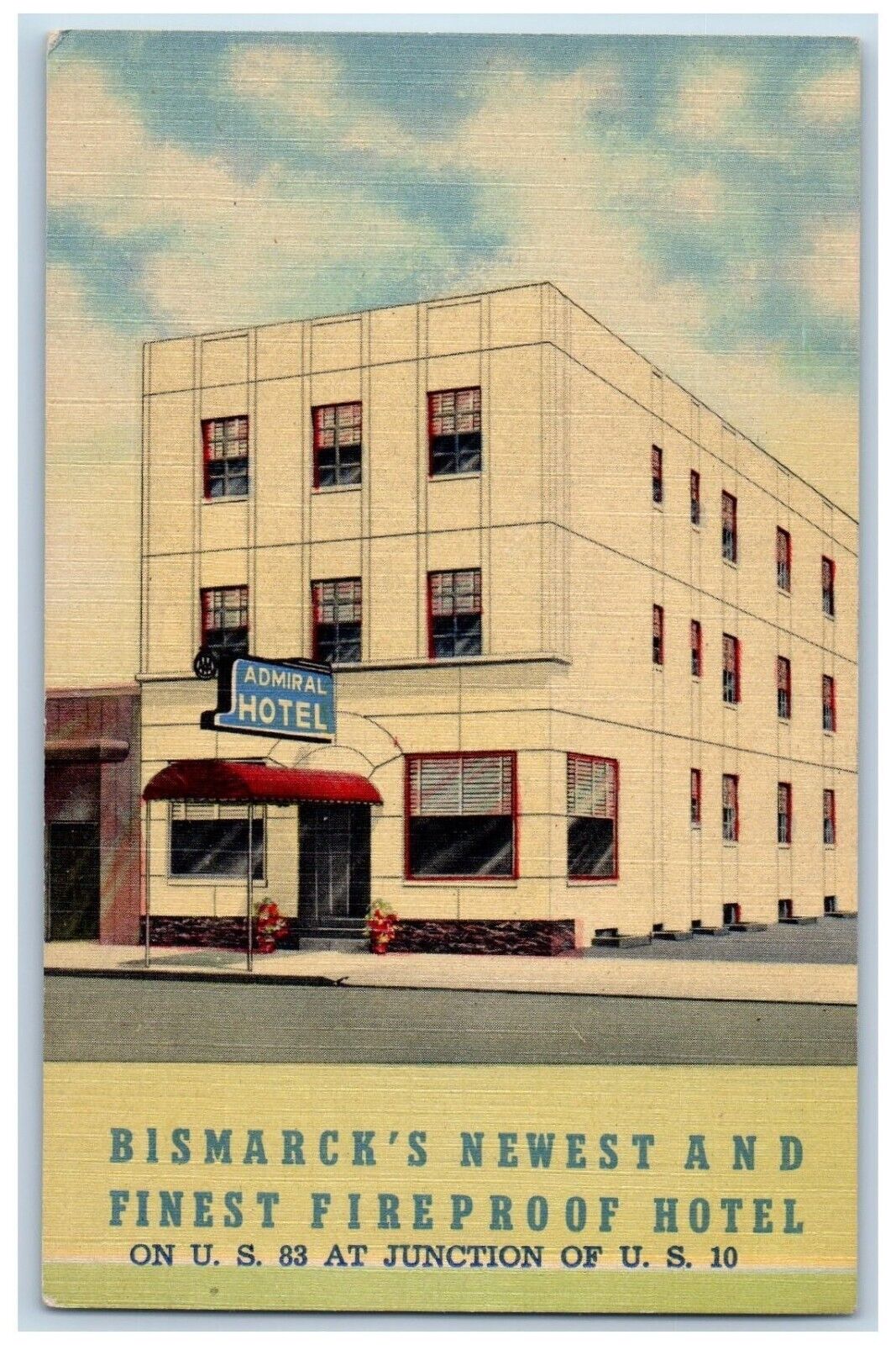 Bismarck North Dakota Postcard Admiral Hotel Exterior View c1940 Vintage Antique
