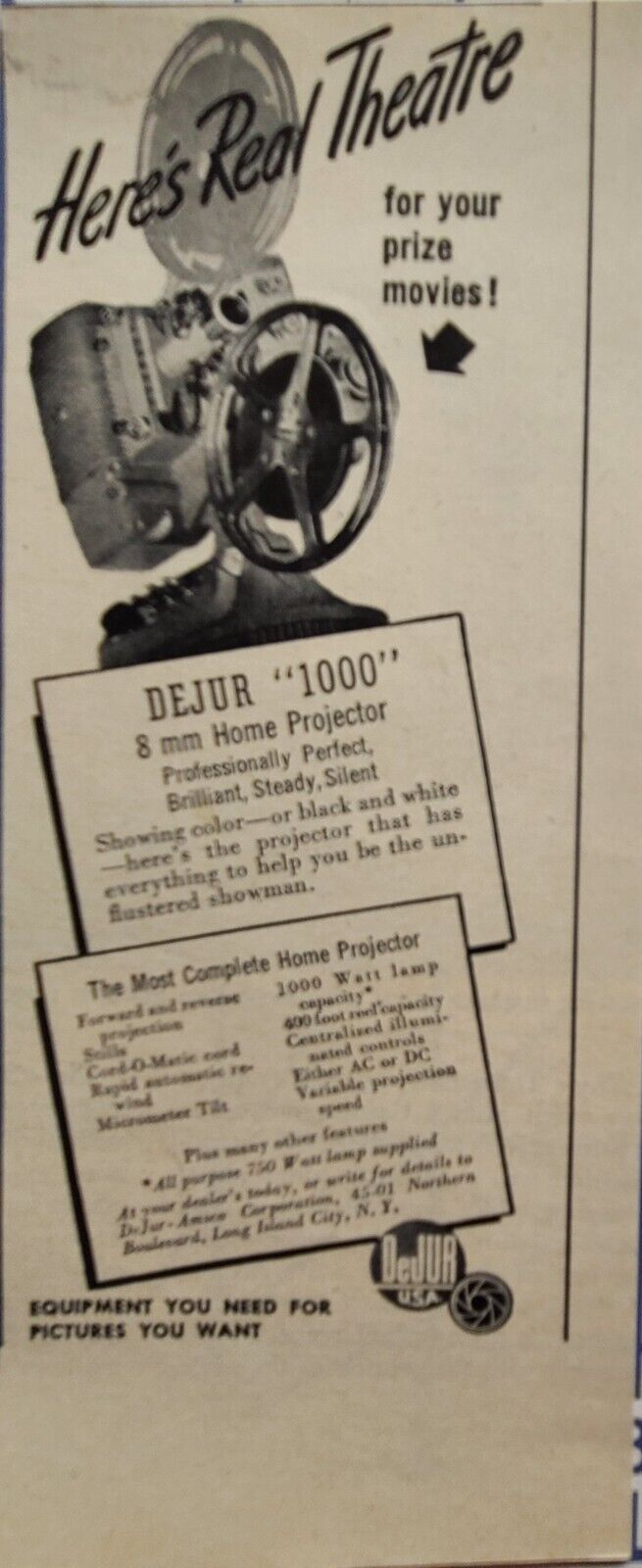 Vintage Print Ad 1947 DeJur-Amsco Dejur 1000 8mm Home Movie Projector 