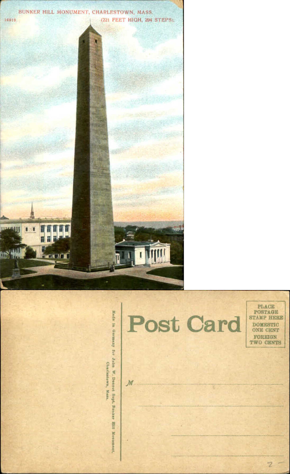 Bunker Hill Monument Charlestown Massachusetts MA unused postcard ca 1910