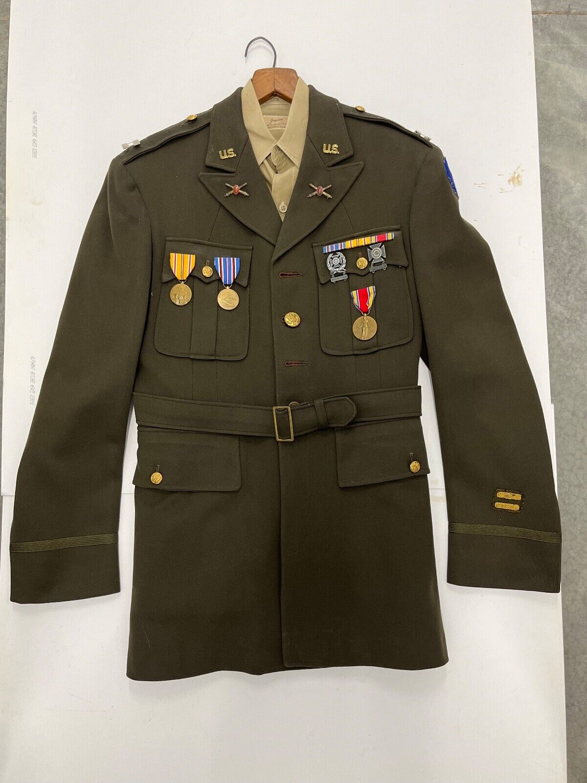 1940s WWII US Army Officer Captains Jacket and Shirt with Medals & Cap