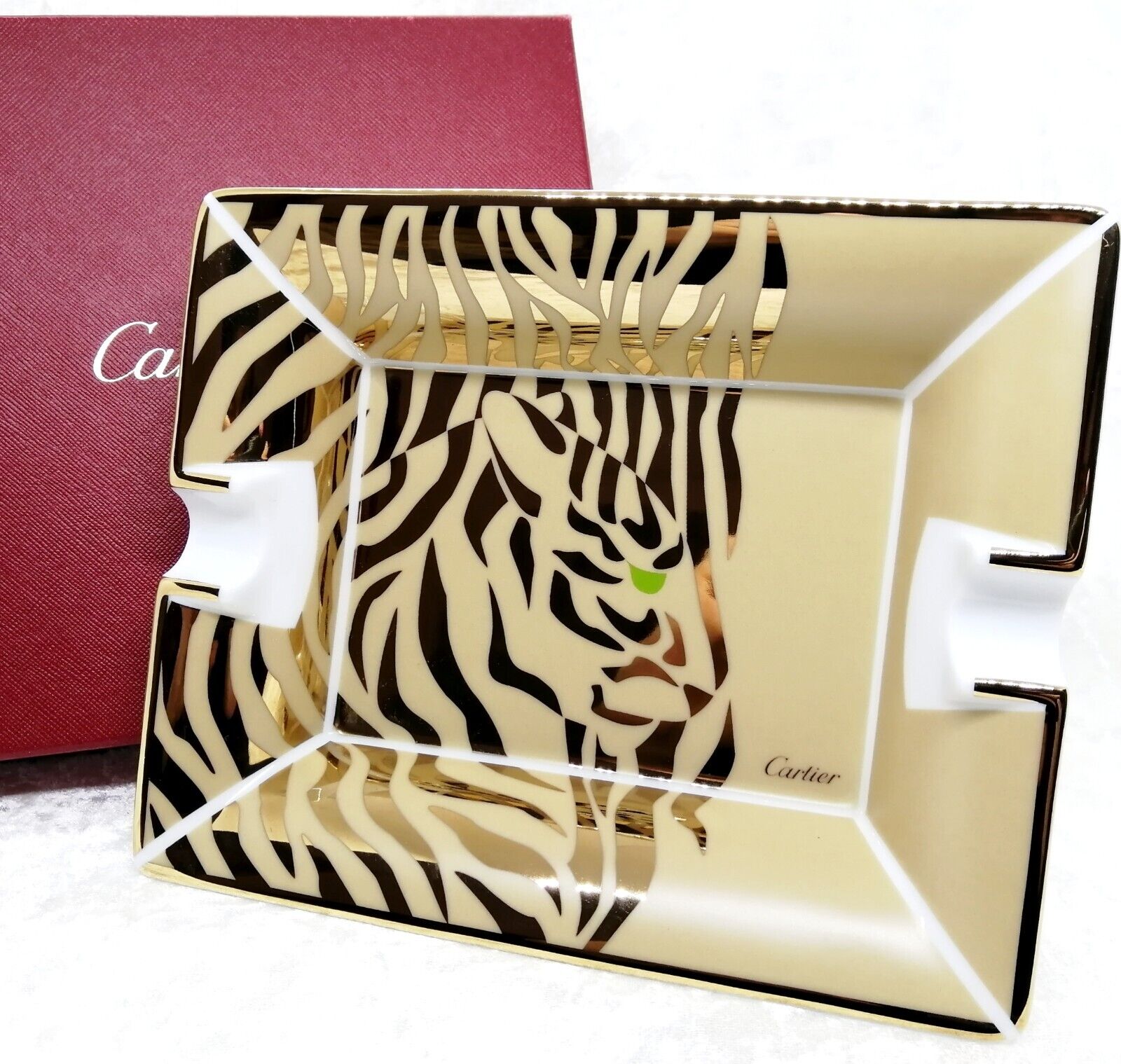 Original Cartier Tiger Cigar Ashtray tray Cheetah 20×16cm Rare With Box Unused
