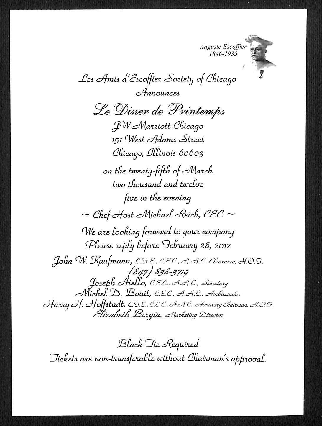 2012 Les Amis d\' Escoffier Society of Chicago Le Diner de Printemps Invitation 