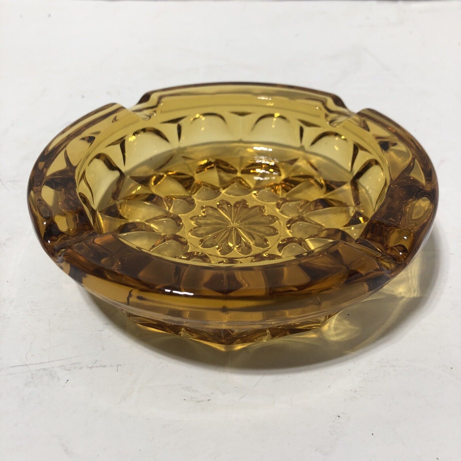 Vintage Large Round Amber Glass Cigar Cigarette Ashtray Heavy 4 Slots 6.25”