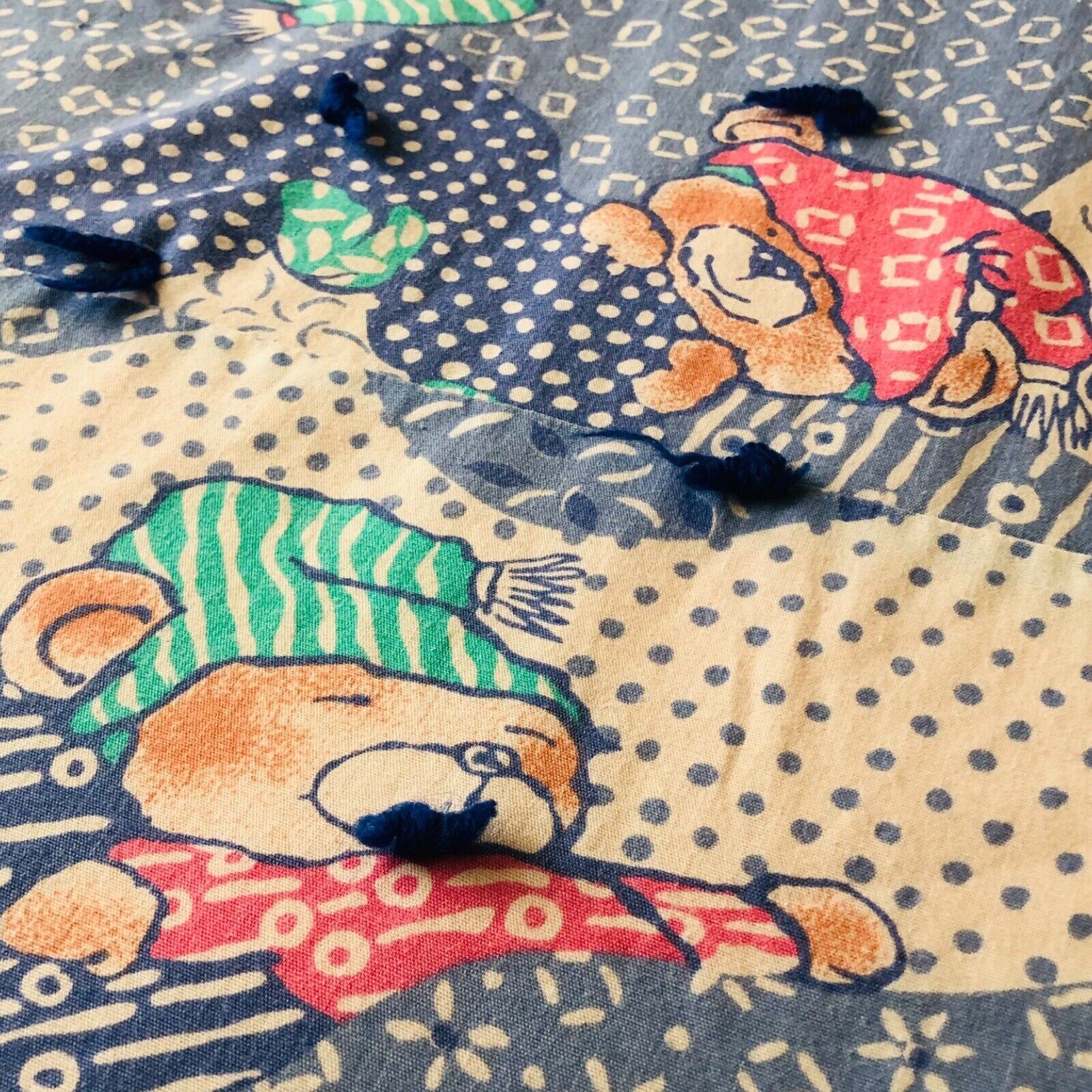 Handmade VTG 90s Pastel Patchwork Sleeping Teddy Bear Quilt Throw Blanket 66x72”