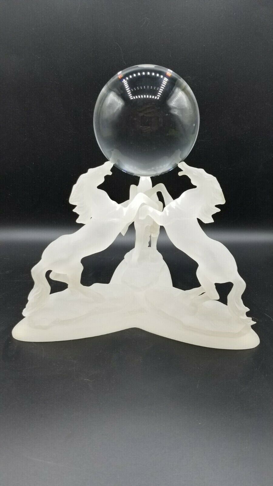 Three Frosted Rearing Horses Holding a Crystal Ball Gass Figurine 