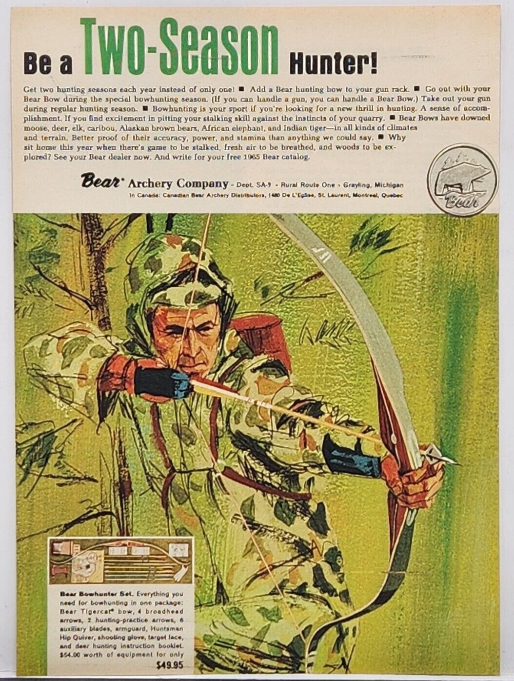 1965 Bear Archery Bowhunting Hunting Two Season Print Ad Grayling Michigan