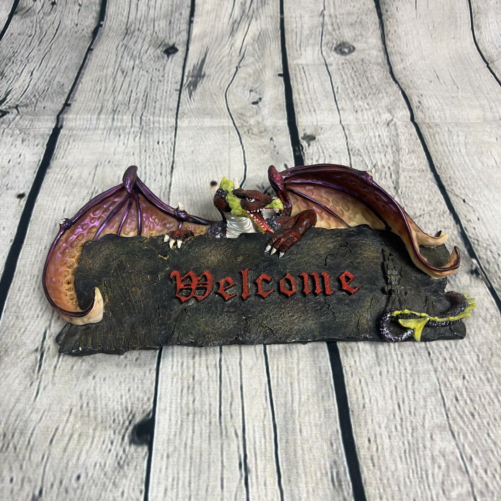 Rare Vintage Gothic Open Winged  Dragon Welcome Sign Or Statue Colorful Resin