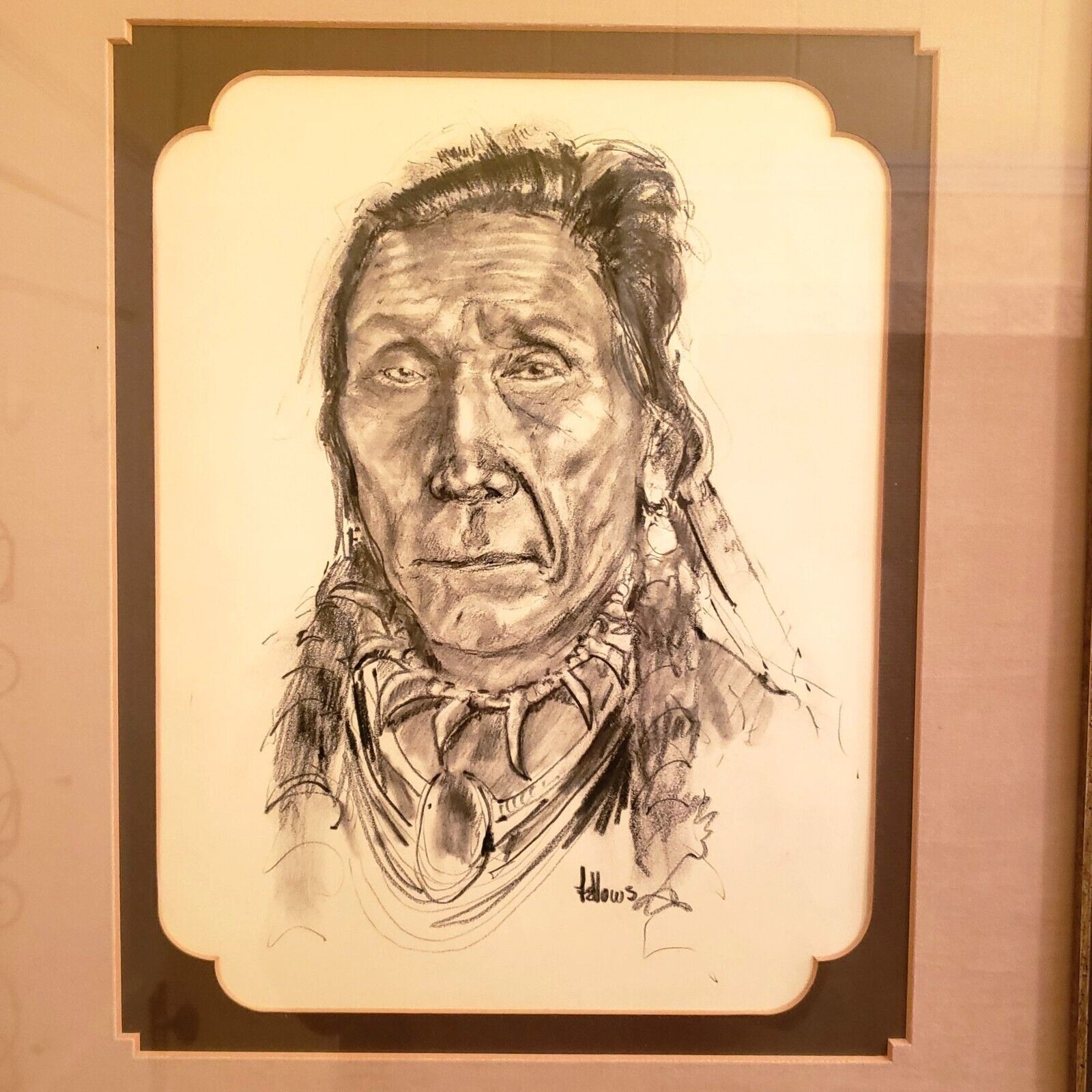 Original Fred Fellows Signed Charcoal Western Native American Indian Painting