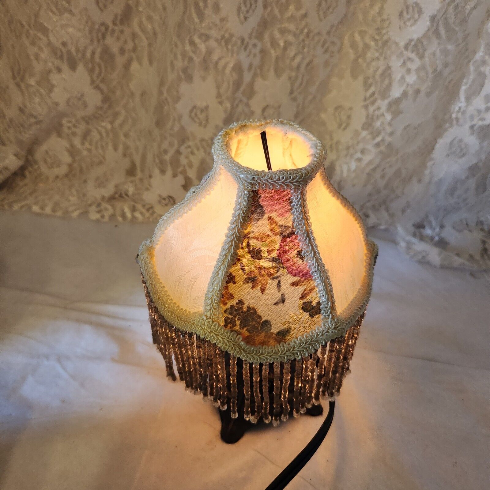 Vintage Mini Table Lamp With Beaded Fringe Floral Cloth Shade Metal Base Type C