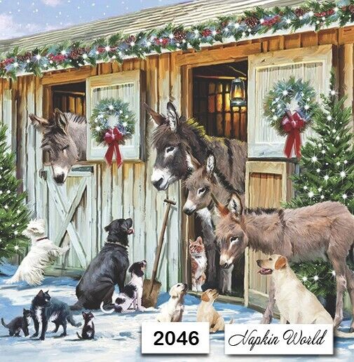 (2046) TWO Paper LUNCHEON Decoupage Art Craft Napkins - CHRISTMAS DONKEY DOG CAT