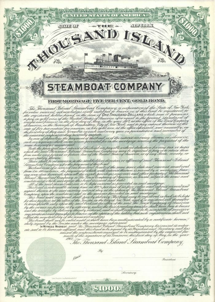 Thousand Island Steamboat Co. - $1,000 Specimen Bond - Specimen Stocks & Bonds