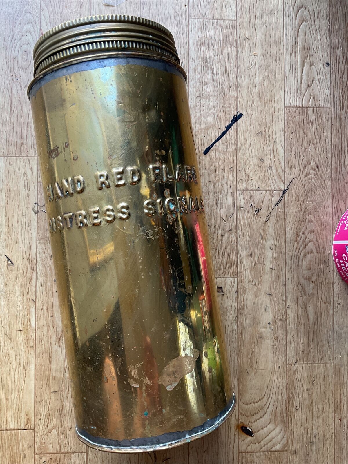 Antique 1940s Naval Hand Red Flare Distress Signal Brass Canister Container EMP