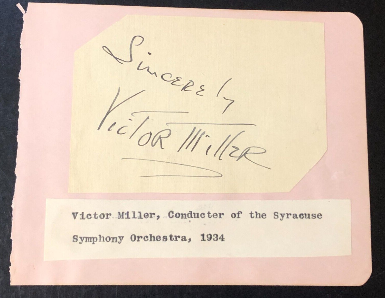 Victor Miller Conductor of the Syracuse Symphony Orchestra 1934 Cut Signature