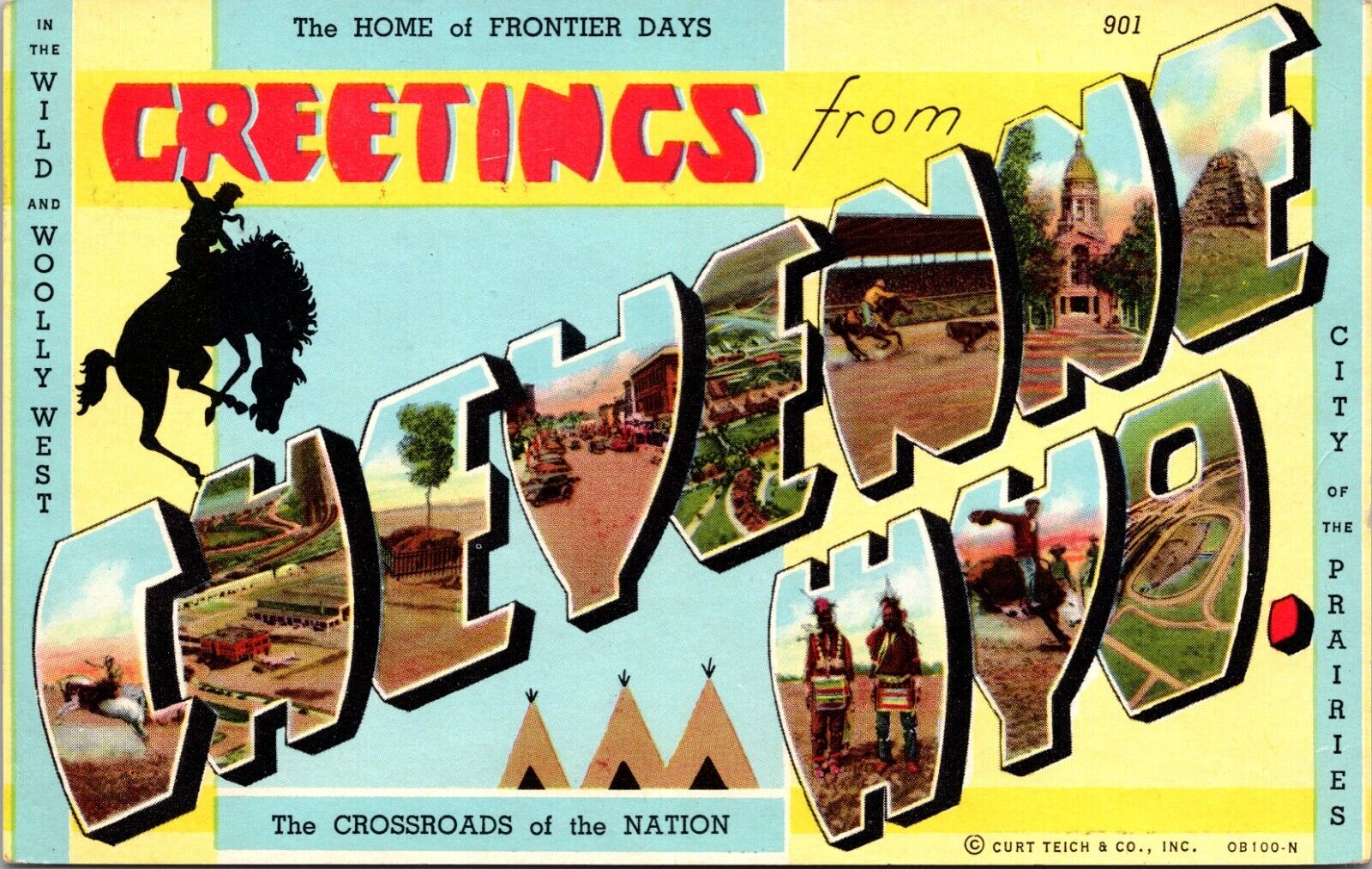 Greetings From Cheyenne Wyoming Big Letter 1940 CURT TEICH Sanborn Postcard