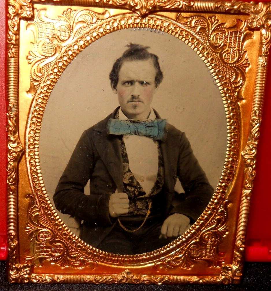 Sharp 1/6th Size Neff Pat. tinted Tintype of young man in brass mat/frame