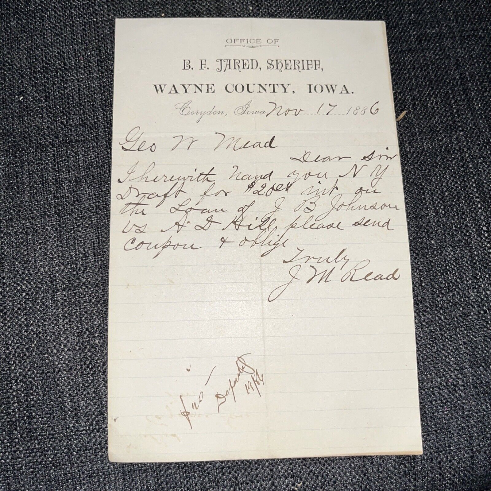 Antique 1886 Letter on Wayne County Iowa Sheriff Letterhead Corydon IA History