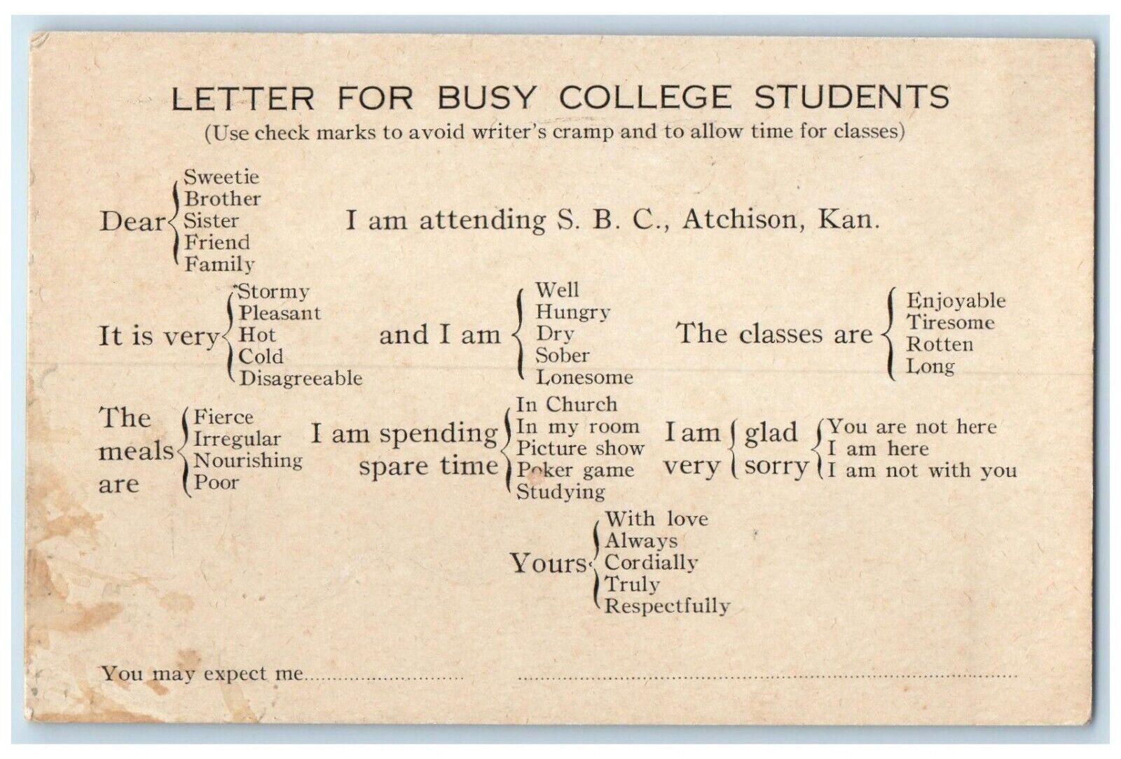 c1940 Letter For Busy College Students Correspondre Vintage Antique KS Postcard