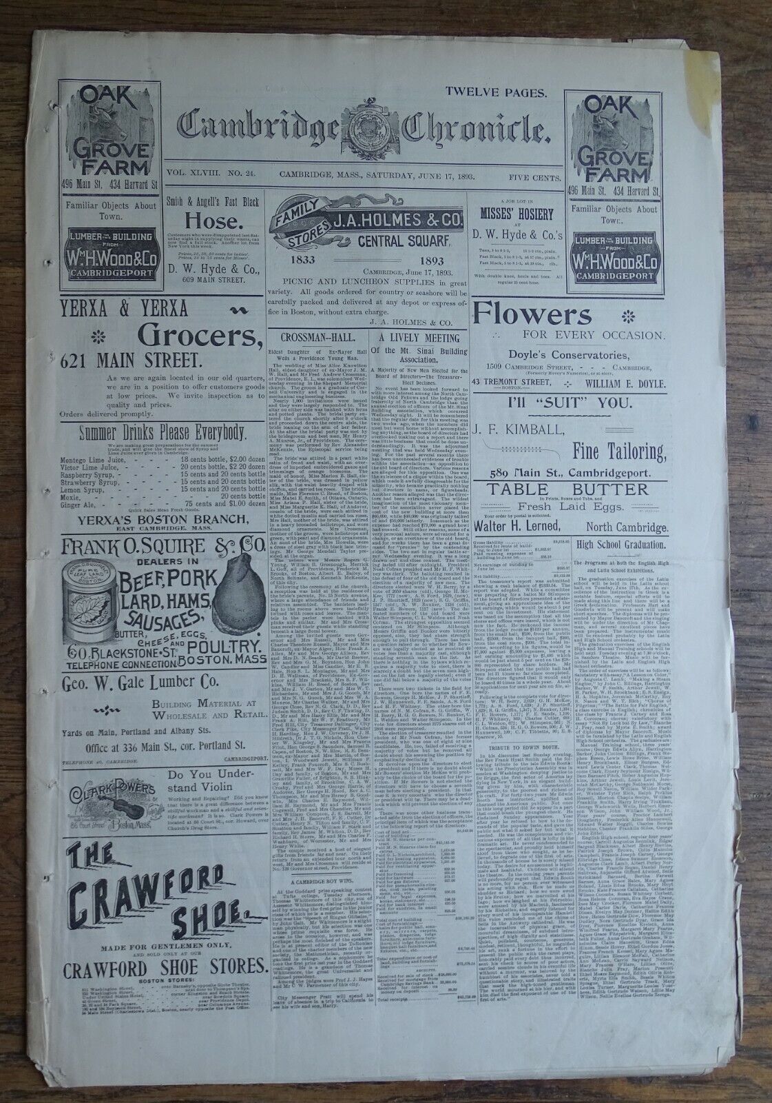 June 17 1893 Cambridge Chronicle Ma. Newspaper - Tribute to Edwin Booth 