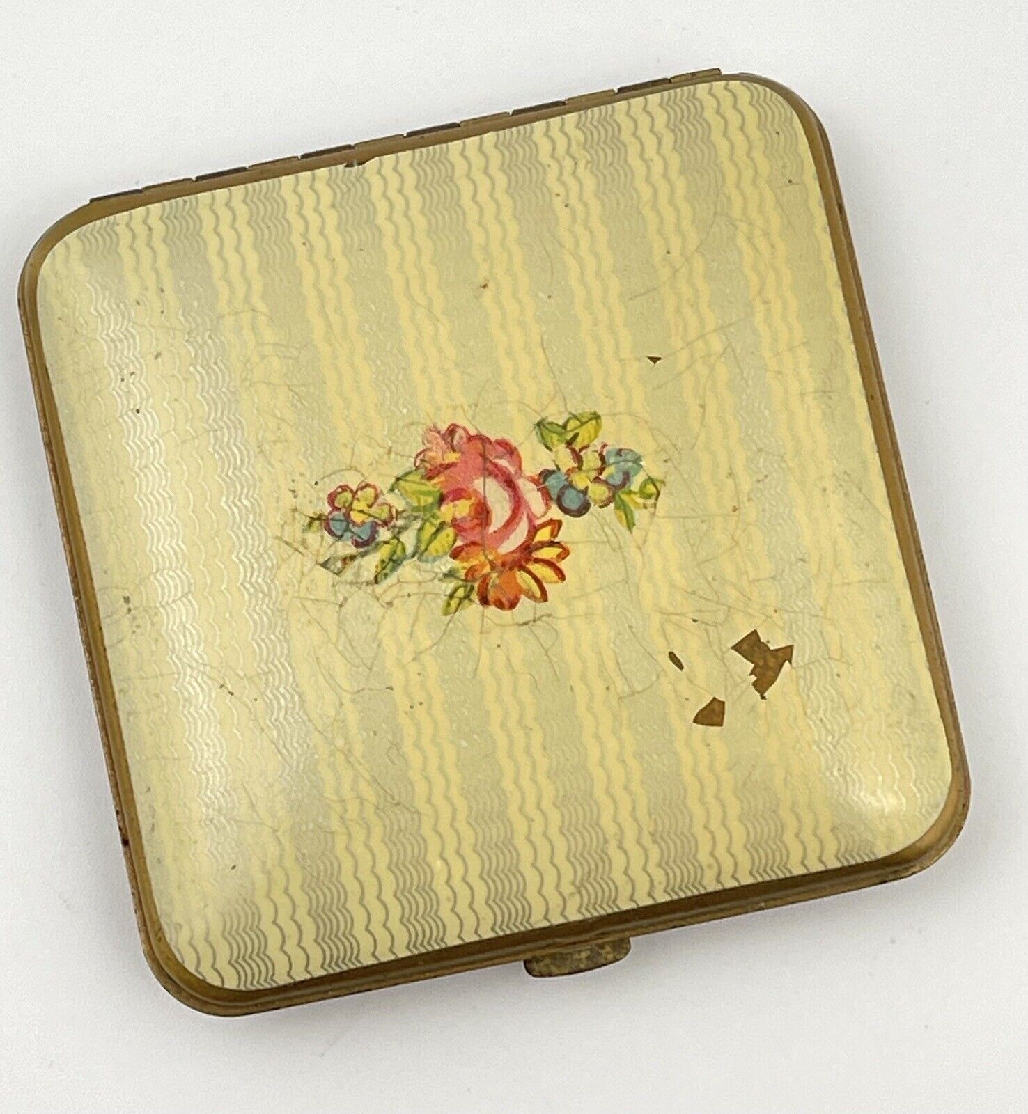 Voshe Art Deco Powder Box Compact Vanity Enamel Mirror Brass Floral Rouge